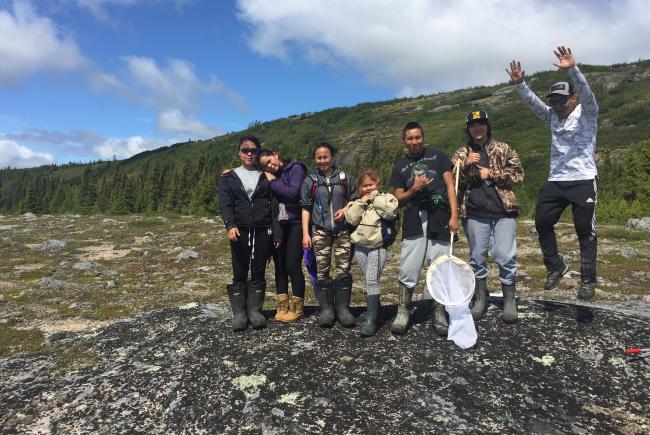 Été 2017, jeunes Inuit.e.s et Cri.e.s participant à la collecte de papillons et de bourdons au parc national Tursujuq.