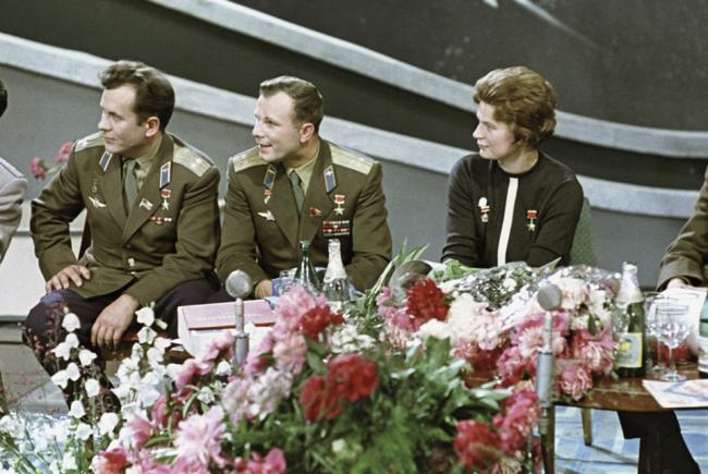 Left to right: cosmonauts Pavel Popovich, Yuri Gagarin and Valentina Tereshkova in January 1964.