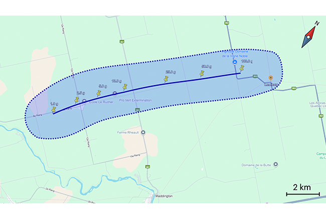Strewn field of potential meteorites, calculated by Denis Vida (UWO) and his team based on observations from the DOMe and GMN networks. Numerous fragments, ranging from 1 to 100 grams, are likely to be found along the 8e Rang road, between Saint-Wenceslas