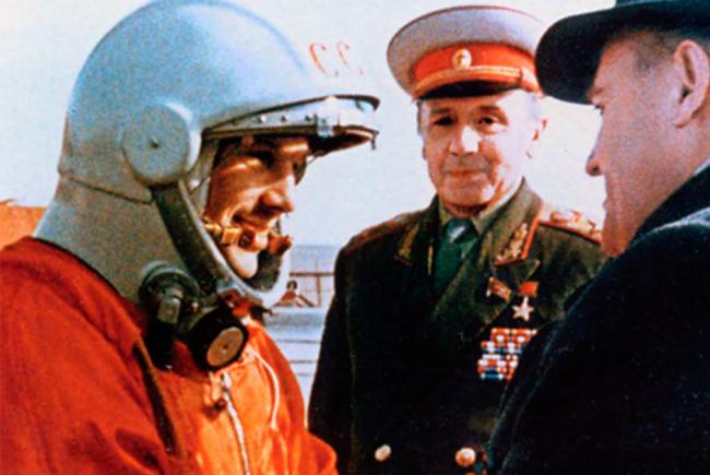 Yuri Gagarin receiving encouragement from Sergei Korolev.