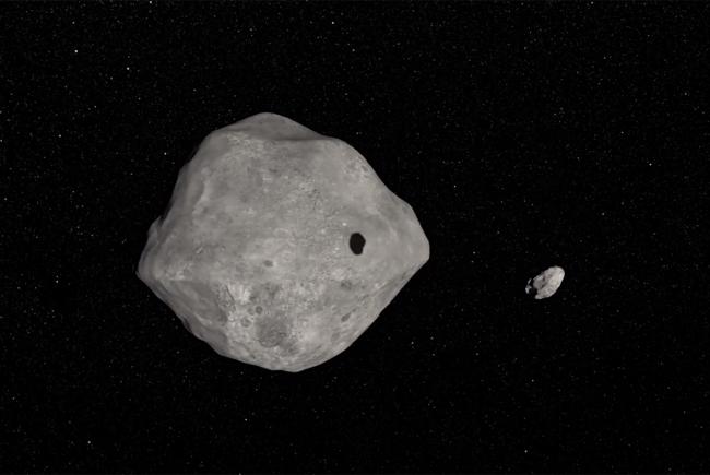 Vue d’artiste du système binaire d’astéroïdes Didymos et sa lune Dimorphos.