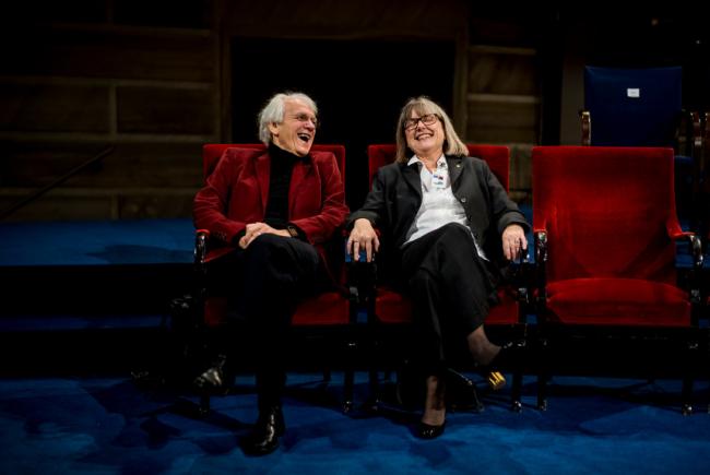Relaxing moment for Gerard Mourou and Donna Strickland in 2018.
