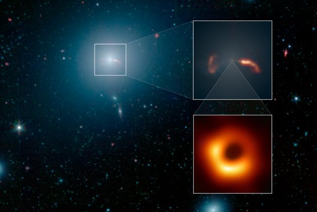 La galaxie géante M87, dans l’amas de la Vierge. En bas à droite, le trou noir au centre de M87.