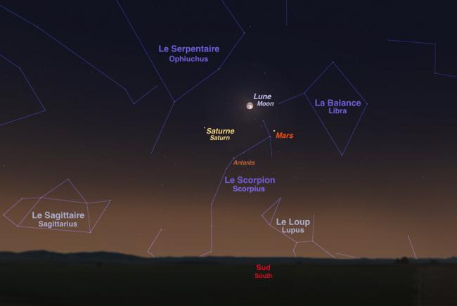 Mars parmi les étoiles du Scorpion le soir du 22 mai, en compagnie de la pleine lune et de Saturne.