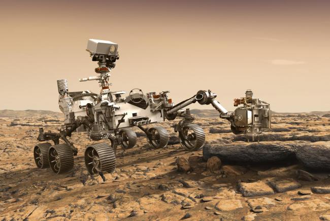 Vue d’artiste de l’astromobile opérant sur le sol martien.