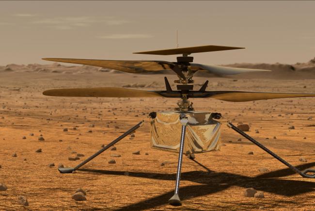 Vue d’artiste de l’hélicoptère expérimentale Ingenuity sur Mars.
