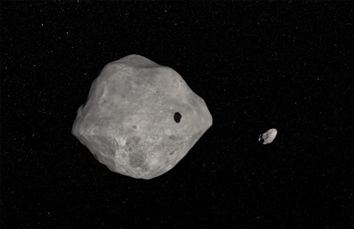 Vue d’artiste du système binaire d’astéroïdes Didymos et sa lune Dimorphos.