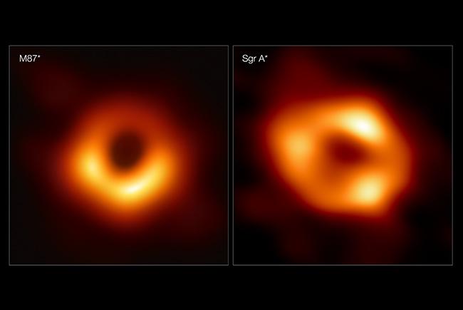 Images des trou noirs supermassifs au centre de la galaxie M87 à gauche et celui de la Voie lactée à droite. Noter que le trou noir de M87 est en réalité 1600 fois plus grand que Sgr A*.