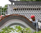 Renovations on the Chinese Garden – Summer 2017 - Tile setting on the roofs by Chinese workers.