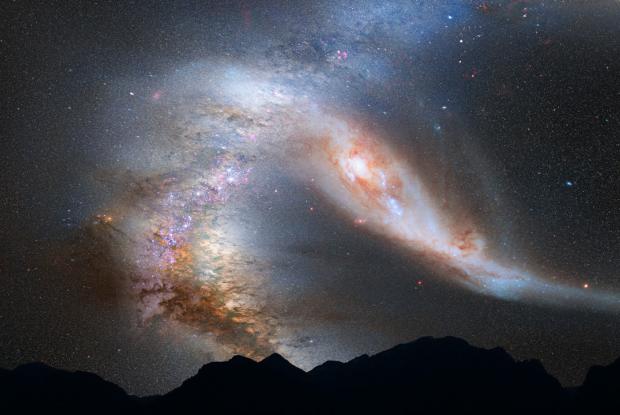 Simulation de notre galaxie entrant en collision avec celle d'Andromède.