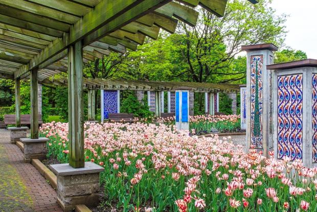 Vue générale du Jardin de la paix au printemps
