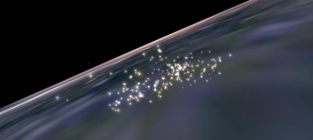 An artist's impression of the μ Tau young association of stars, discovered in 2020 at the Planétarium Rio Tinto Alcan. We see the Galaxy in the background and the young association of stars. Blue stars are hot and massive, while redder stars are cool and