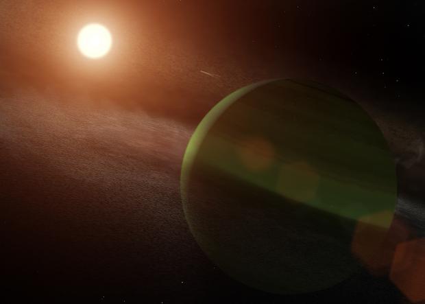An artist’s impression of the AU Mic b exoplanet, which was recently discovered around a very young star. The star is so young that it still has a large disc of debris from the time of exoplanet formation, a very rare thing to see.