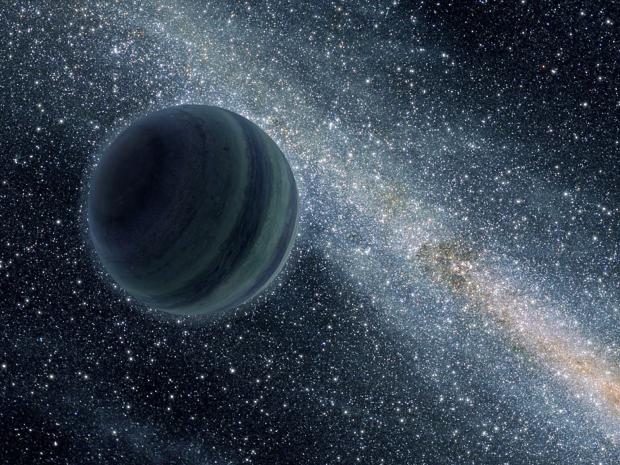 An artist's impression of SDSS 1110 + 0116, a floating planet. It shows this object similar to Jupiter, but which does not orbit a star, floating freely in space with the Galaxy in the background.